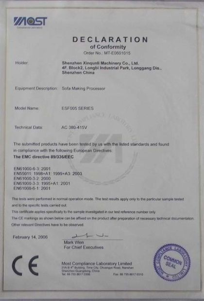 Китай Shenzhen Xinqunli Machinery Co., Ltd. Сертификаты